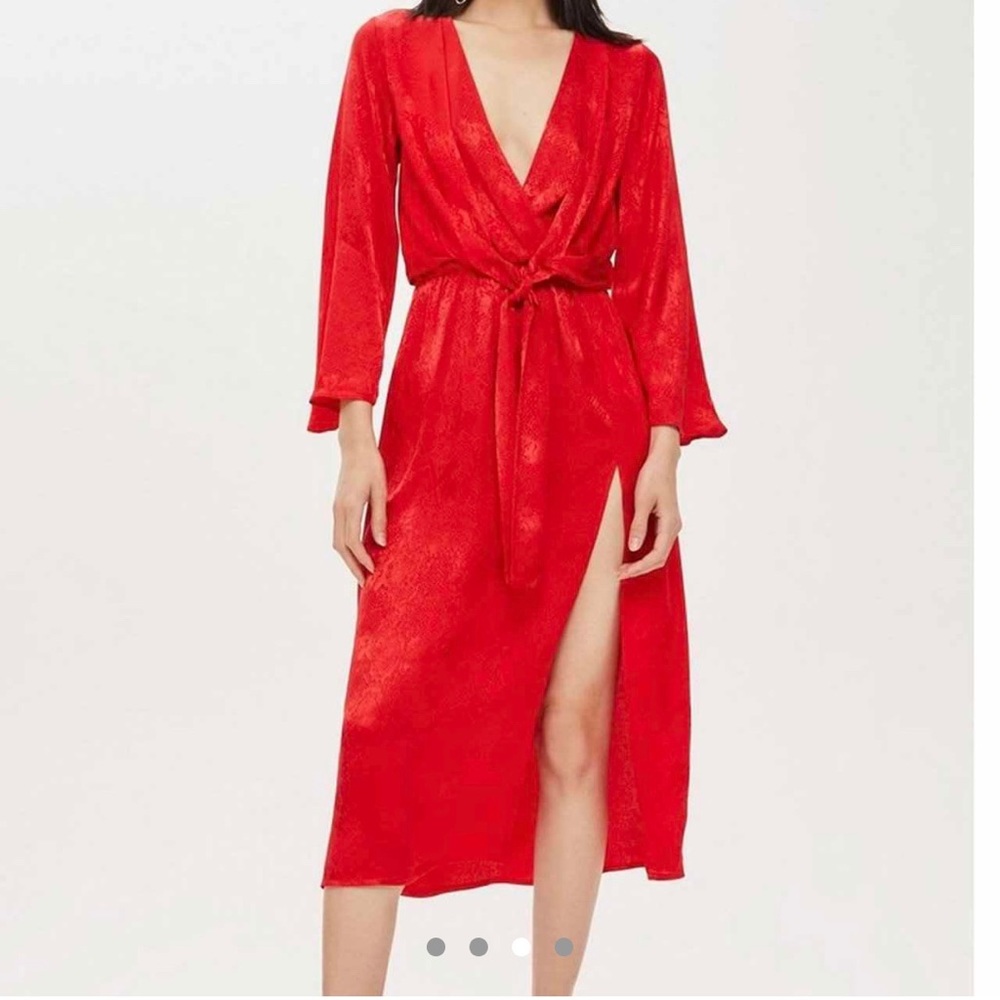 Topshop Red Silk Midi Wrap Dress with slit